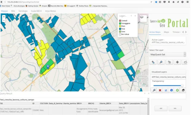 Figure 4. S4A geoportal displaying crop fields tagged with VGI; the distinct colors of the fields  represent distinct crop types
