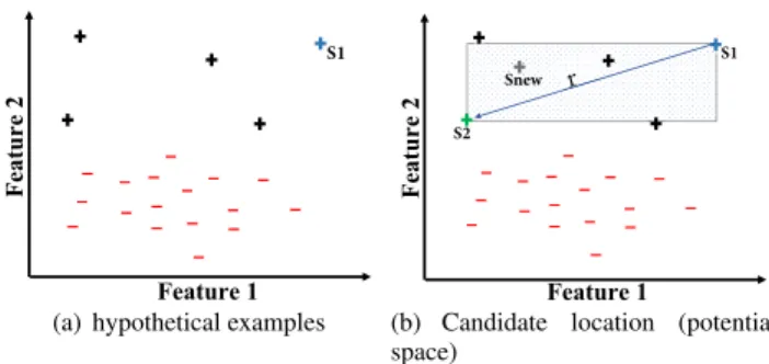 FIGURE 1. Two hypothetical classes (a) and the potential space for the new examples (b).