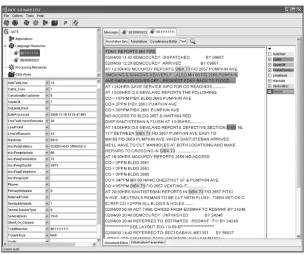 Figure 7 This is a screenshot of the Generalized Architecture for Text Engineering (GATE) with a trouble ticket loaded into it for analysis