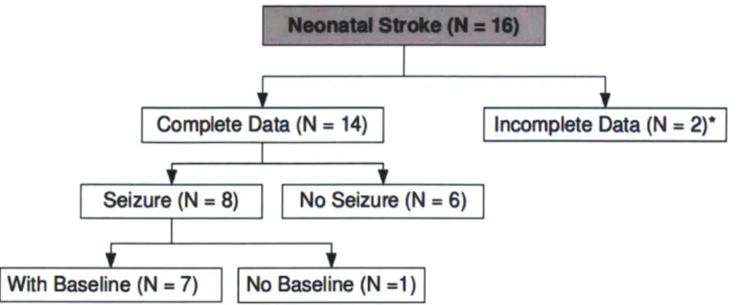 Figure  3-1:  Breakdown  of  neonatal  stroke  database.  A  total  of  16  neonatal  stroke  subjects resulted in only seven  neonates  with seizures  and usable  baseline(s)