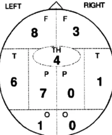 Figure  3-5:  Cortical  and  thalamic  stroke  locations  in  14  neonates.  Values  indicate  the number  of complete  data subjects  with  infarct  in  either  frontal  (F),  temporal  (T),  parietal (P),  or  occipital  (0)  lobes,  and  the thalamus  (