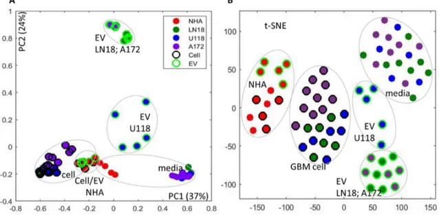 Figure 2. Analysis of sample di ff erences from 1D Nuclear Overhauser E ff ect Spectroscopy (NOESY 1D) 1 H NMR spectra of cells, media and EVs for glioblastoma (GBM) cell lines (LN18, A172 and U118) and normal human astrocytes (NHA)