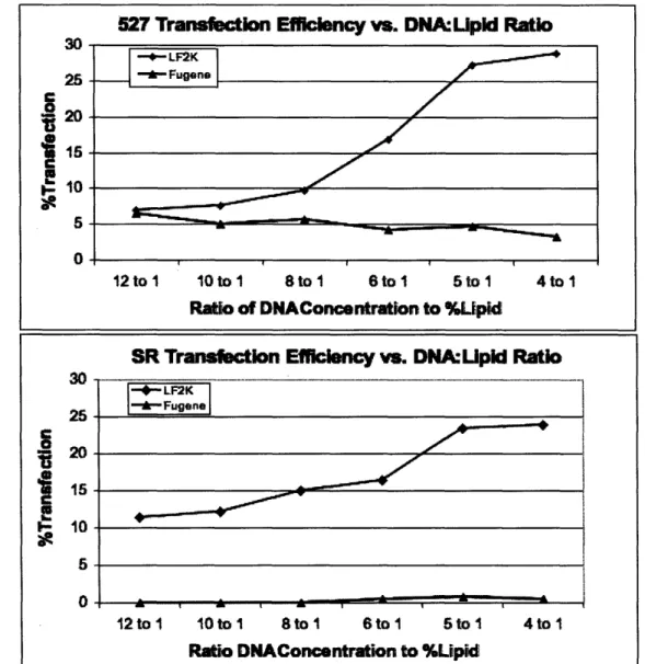 Figure  1 The top  graph  displays the  efficiencies  of  Lipofectamine200  (LF2K) and Fugene  at various percentages  of lipid transfection  reagent  and concentrations  of DNA