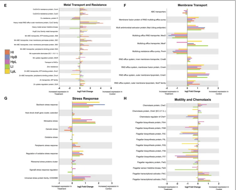 FIGURE 5 | (A–H) Differential expression (log2 fold change) of Levels 2, 3, and 4 SEED subsystems of interest to experimental Zn treatments relative to non-Zn-treated control biofilms.