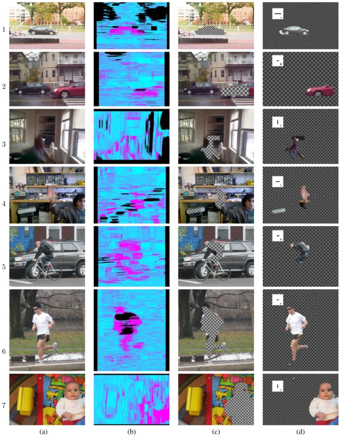 Figure 5. Results of motion blur estimation and segmentation on 7 images. (a) The input images