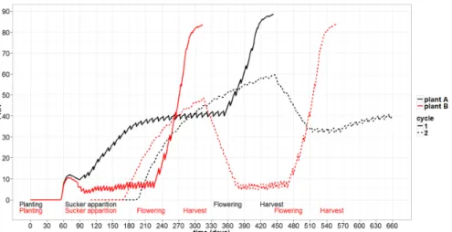 Figure 6: Dynamics of PNA per plant on 660 days for plants defined with different leaf emission rate values : plant A (ler f inal = 0.7 i.e