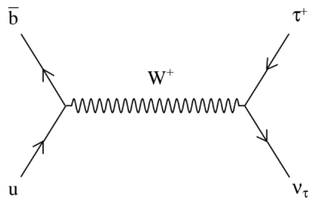Figure 1: The purely leptonic B decay B + → τ + ν τ proceeding via quark annihilation into a W + boson.