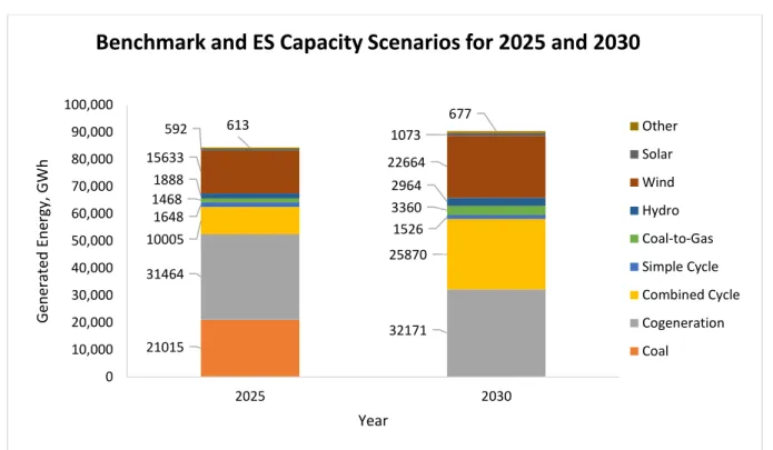 Figure 1-8: Energy generation mix for the Benchmark and ES Capacity Scenario, in years 2025 and 2030