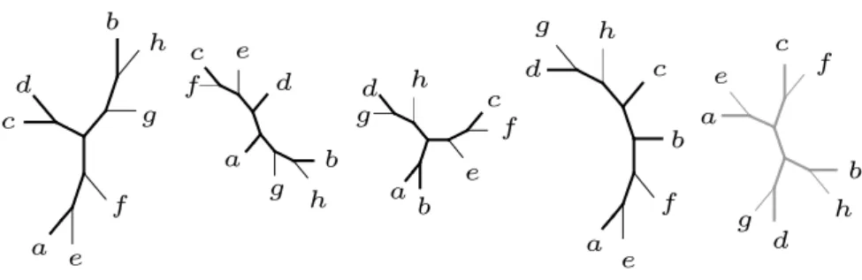 Fig. 4. The first four trees form an instance of WQC in which every tree contains ab|cd