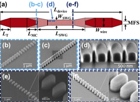 Fig. 3. (a) Top view schematic of fabricated SWG device with silicon wire (solid) and SWG (striped) waveguides sections