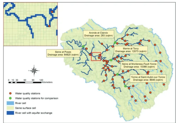 Figure 4: The EauDyssée river network and water quality stations used in this study with their 439 