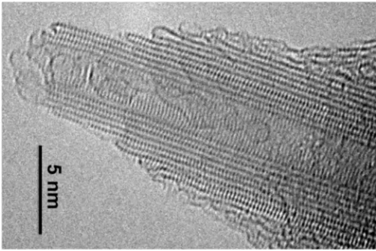 Figure 7. High resolution transmission electron microscopy (HRTEM) image of the nano-sized apex  of an all-graphene carbon cone