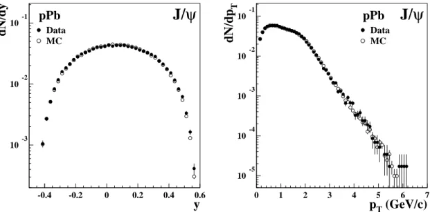 Figure 2: Measured and simulated y (left) and p T (right) distributions for J/ψ events.