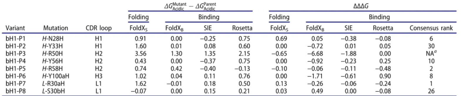 Table 1. Computational predictions of relative binding affinities and stabilities under slightly acidic and physiological pH conditions.