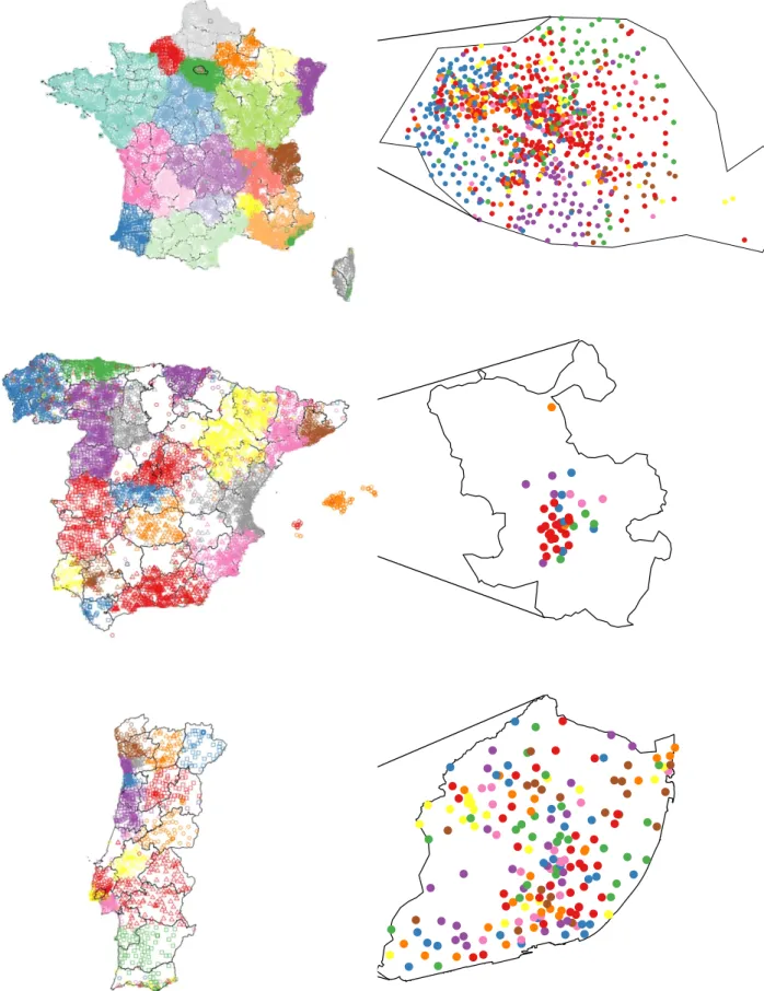 Figure 6.  Geographical clustering of social communities. On the country scale, towers belonging to the  20 biggest communities are presented in different colors and shapes