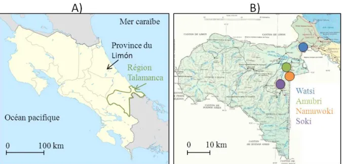 Figure 1 – Zone d’étude et réseau de parcelles dans la région de Talamanca au Costa Rica