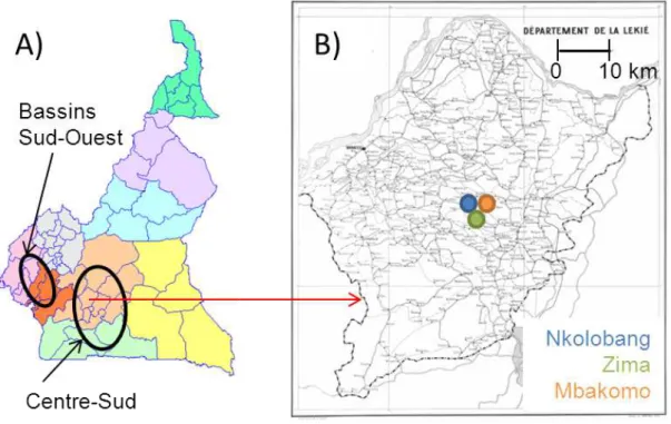 Figure 5 – Zone d’étude et réseau de parcelles du département de la Lékié au Cameroun