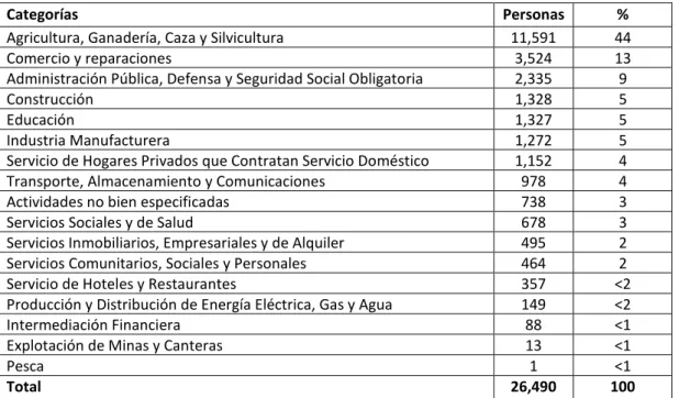 Tabla 2.7: Ocupación por rama de actividad en el Carmen y San Antonio, 2001 