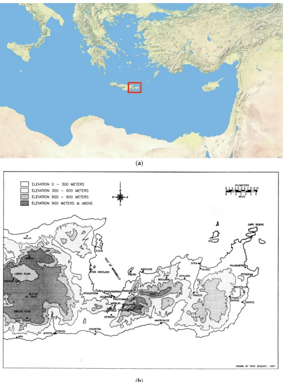 Figure 1. (a) Map of the eastern Mediterranean. Map data © 2019 Google Maps. (b) Map of East Crete