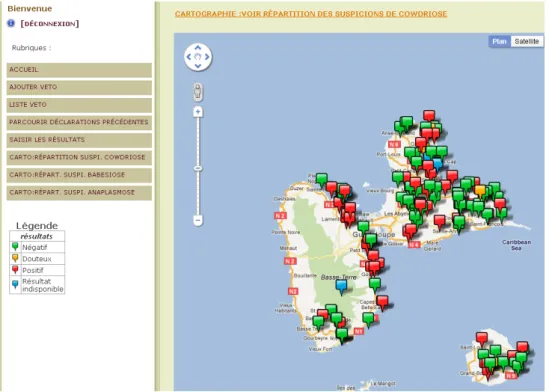 Figure 3 : Exemple de carte produite par le réseau RESPANG et accessible en ligne par les acteurs de la  surveillance