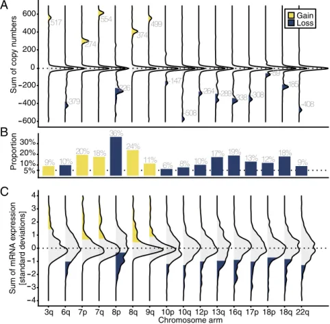 Fig. 2. Occurrence of aneuploidy in primary prostate cancer. (A) Aneuploidy measured by copy-number  al-terations