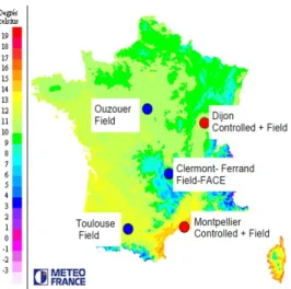 Figure 1: Location of Phenome platforms, superimposed on a map of mean temperature in France
