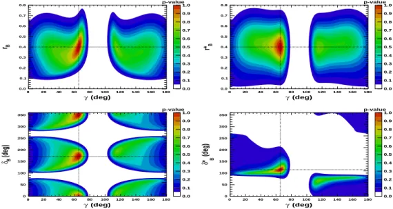 Figure 7. Two-dimension p-value profile distribution of the nuisance parameters r B ( ∗ ) and δ ( B ∗ ) as a function of γ