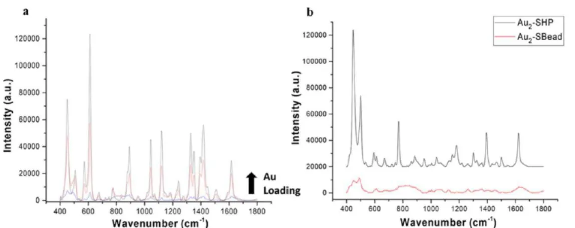 Figure 16. Resonant nanostructures fabricated through HCL. (a) Side view of SERS substrate consisting of gold nanodisk dimers fabricated on top of a Au mirror with a SiO 2 spacer layer in between; (b) top view of a Au dimer-on-mirror SERS substrate illustr