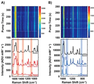 Figure 3. Comparison of experiment (top) and theory (bottom) for the CO tip-enhanced Raman scattering intensity associated with an Ag-CO tip structure near a gold surface, as a function of potential bias