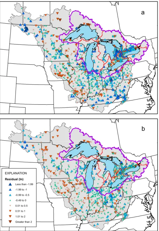 FIGURE 2. Predictability of the Midcontinent (a) phosphorus and (b) nitrogen SPARROW models