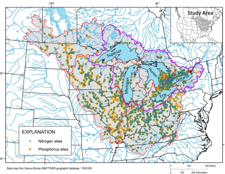 FIGURE 1. Spatial domain of the Midcontinent SPAtially Referenced Regression On Watershed (SPARROW) models, with monitoring sites that were used for model calibration for phosphorus and nitrogen identified.