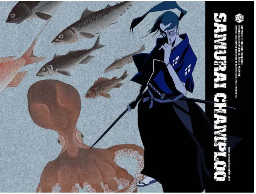 Figure 4:  Desktop of character Jin and opening sequence images recalling Edo era art
