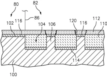 Figure 24- Schematic view of a coating on an airfoil showing the recesses (#104), bond coats (#114  and #116), splatted ceramic coating (#110), columnar ceramic coating (#112) and segmentation  cracks (#120) [40]