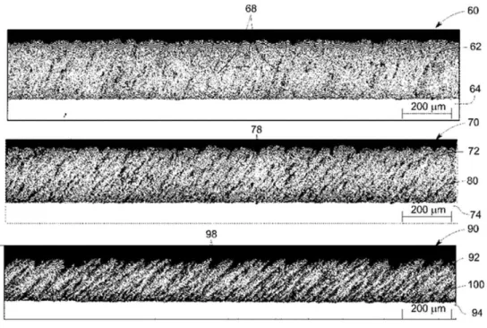 Figure 25- Micrographs of portions of TBCs deposited at three different pray angles [42].