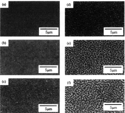 Figure  2.6:  SEM  images  illustrating  the  dewetting  process  in  a 50nm  Cu film  on  SiO 2  annealed  at 300C  for various  times  under  a  hydrogen  ambient at  635C:  a.)  as  deposited,  b.)  10min,  c.)  20min,  d.)  40min,  e.) 60min,  and  f.)