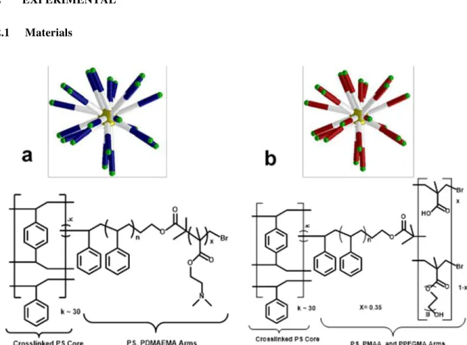 Figure 1. Scheme and examples of chemical formula of the star-shaped block copolymers with  polystyrene (PS) core and arms of a) DMAEMA