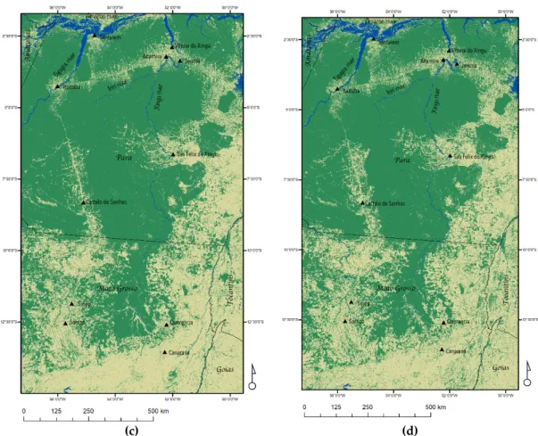 Figure 1. Four classifications of forest cover for the Xingu river basin for (a) circa 1989, (b) circa 2000, (c) circa 2010, and (d) circa 2018 from Landsat TM5 and OLI 8 imagery