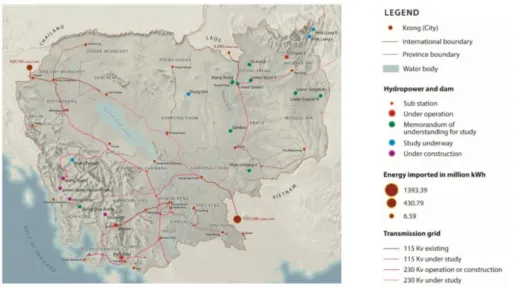 Figure 1: Map of Cambodia and national grid distribution (Atlas of Cambodia, 2013) 