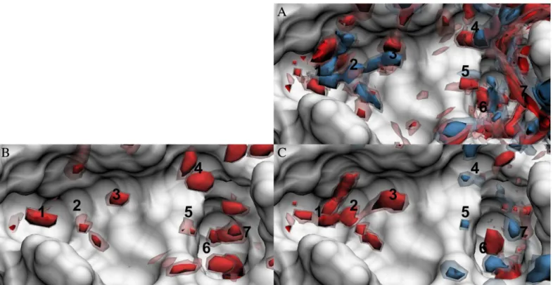 Fig 3. Solute-water energy density distributions in the FXa binding site. Energy density distribution were calculated using (A) 3D-RISM with additively combined oxygen and hydrogen site solute-water energy density distributions, (B) GIST, and (C) 3D-RISM w