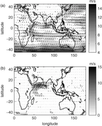 Figure 2 . NCEP vector wind at 850 hPa (arrows). (a) is a composite 10 days before the date of jet onset, and (b) is the composite change in vector wind over the 10-day period preceding jet onset