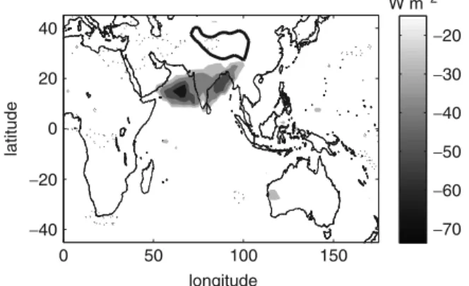 Figure 6 . Composite change in NOAA OLR over the 10 days preceding jet onset. Shading denotes a reduction in OLR, and dotted contours an increase