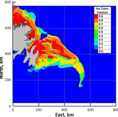 Figure 8: Ice concentration distribution after 24 hours when no wave action is modelled, 2  April 2017 at 2:30PM NST