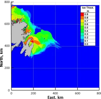 Figure 10: Ice thickness distribution after 24 hours of simulation, 2 April 2017 at 2:30PM  NST