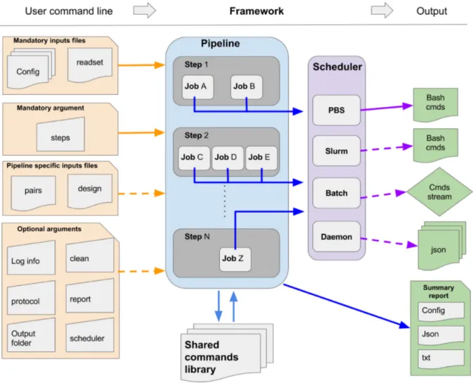 Figure 1: General workflow of GenPipes. Diagram showing how the information flows from the user command line input through the 4 different objects (Pipeline, Step, Job, and Scheduler) in order to generate system-specific executable outputs