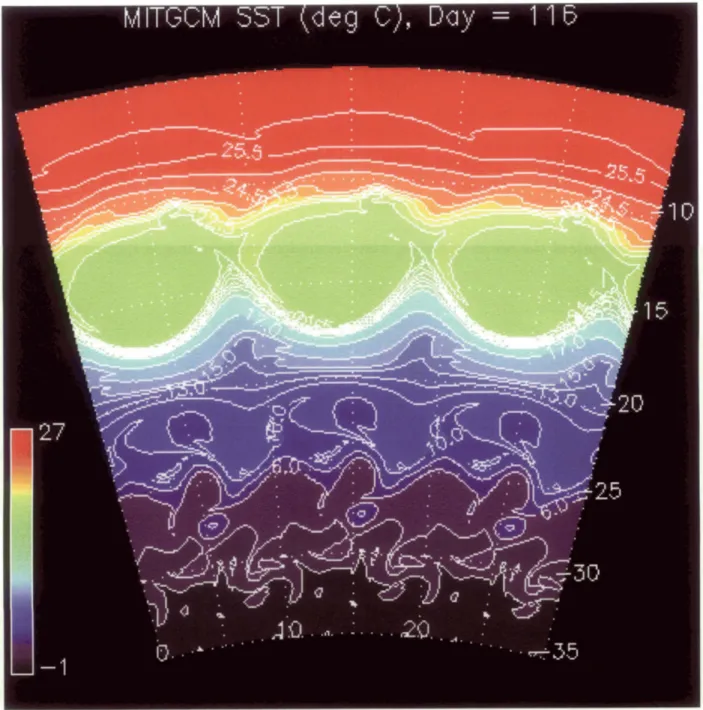 Figure 2.3:  Snapshot  of  the horizontal temperature distribution.  For  visual purposes, since  the model  is periodic in  the zonal direction, the graphical output  between  10&#34; and  30&#34; are 