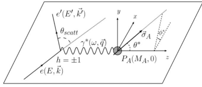 FIG. 1: Spin-dependent inclusive electron scattering from a polarized target. The target spin angles, θ ∗ and φ ∗ are deﬁned with respect to the three-momentum transfer vector q.
