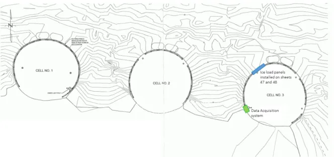 Figure 2. Location of the NRC equipment (not to scale). This image is from the Nanisivik  Naval Facility ice force panel installation plan (23 Oct 2015)