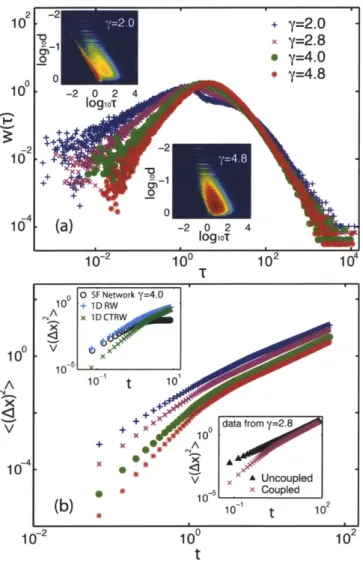 Figure  2-7:  (a)  Marginal  distribution  of waiting  times for  advection-dominated  trans- trans-port  and  different  scale-free  networks