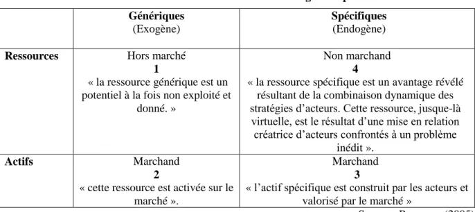 Tableau 2 : Classification des ressources et actifs selon leur degré de spécificité  Génériques  