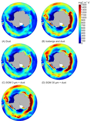 Figure 4. Modelled sensitivity of annual primary productivity of the Southern Ocean to external iron inputs